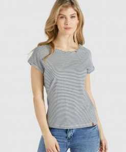Khujo BABSI - Camiseta Estampada - Weiß Blau Gestreift, Mujer