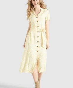 Khujo GOYA - Vestido Camisero - Gelb-weiß Geblümt, Mujer